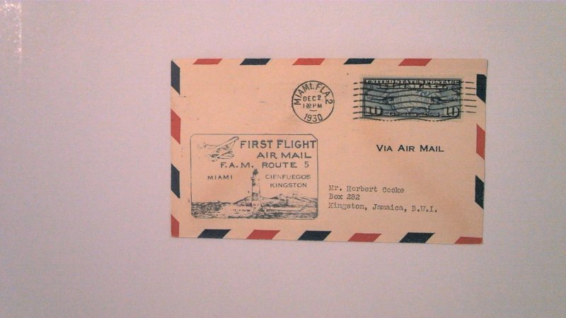 US FIRST FLIGHT COVER: 1930 MIAMI FL TO JAMAICA FAM RTE 5