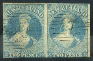 New Zealand 2d pale blue no wmk Chalon SG9 Richardson’s paper pair, lightly used