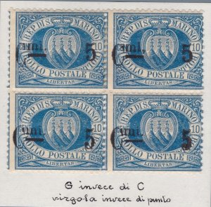 1892 SAN MARINO, no. 8p/8y/8/8 5c. su 10c. blue block of 4 MLH/MNH