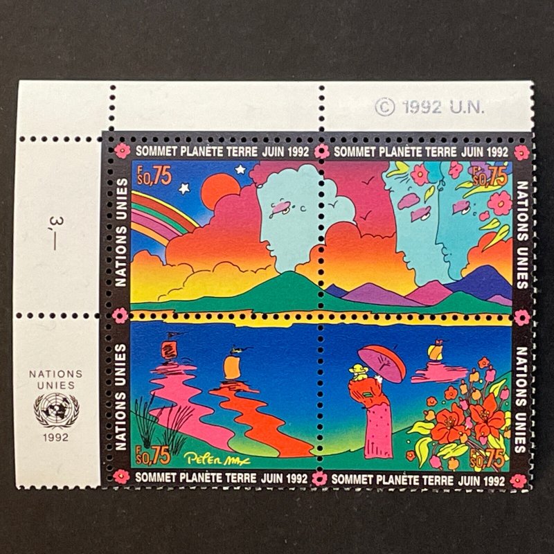 UN 1992 Earth Summit UL Inscription Blocks of 4 MNH NY, Geneva, Vienna Peter Max 