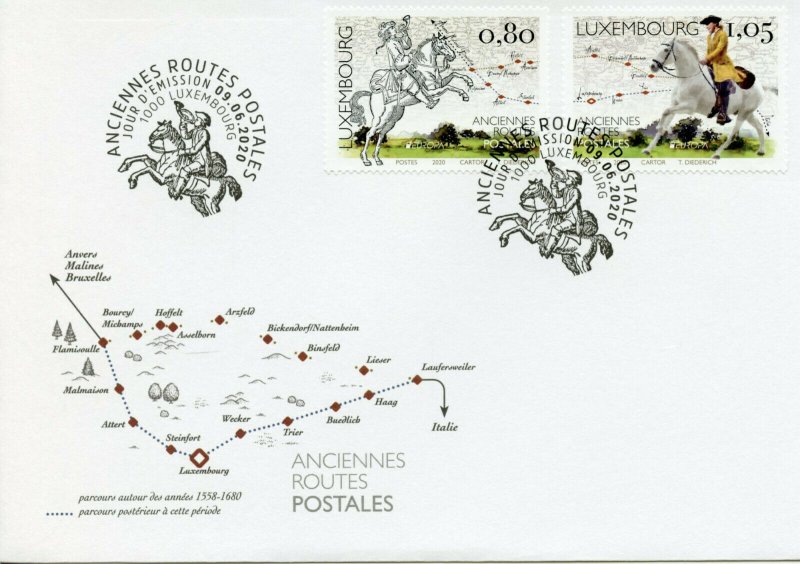 Luxembourg Europa Stamps 2020 FDC Old Postal Routes Services Horses 2v Set