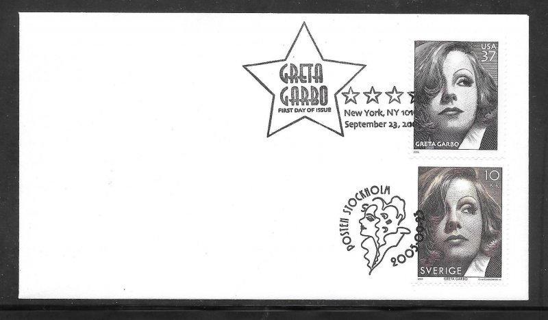 Just Fun Cover #3943 FDC Greta Garbo + Sweden #2517 Joint Cachet. (A1366)