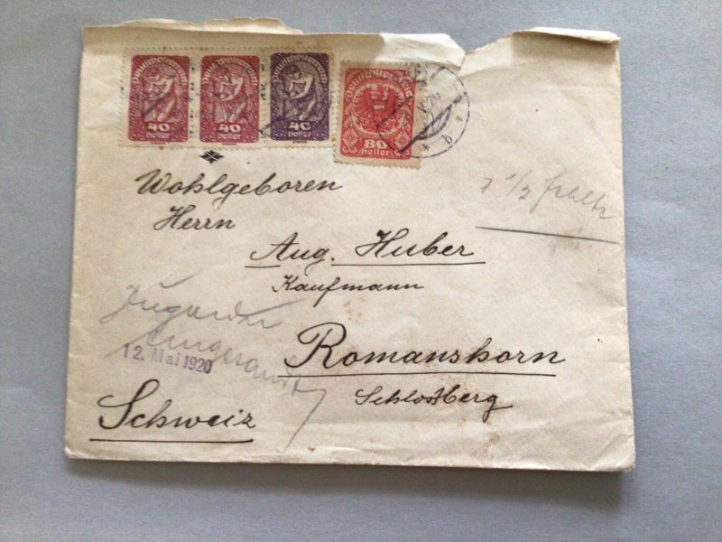 Austria 1920 to Switzerland postal cover 66273 