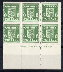 Guernsey 1943 Arms ½d olive-green unmounted mint imprint block of 6 2/43 print