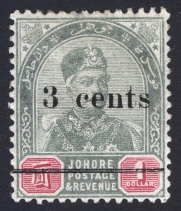 Malaya Johore 1894 3c on $1 NO PERIOD SG 31a Scott 29a VLMM/MVLH Cat £475($641)