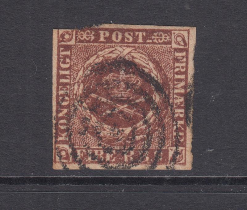 Denmark Sc 2 used 1851 4rs Royal Emblems, Dot in Target Cancel