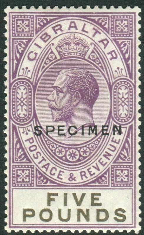 GIBRALTAR-1925-32 £5 Violet & Black OVPT SPECIMEN.  A lightly mounted mint examp