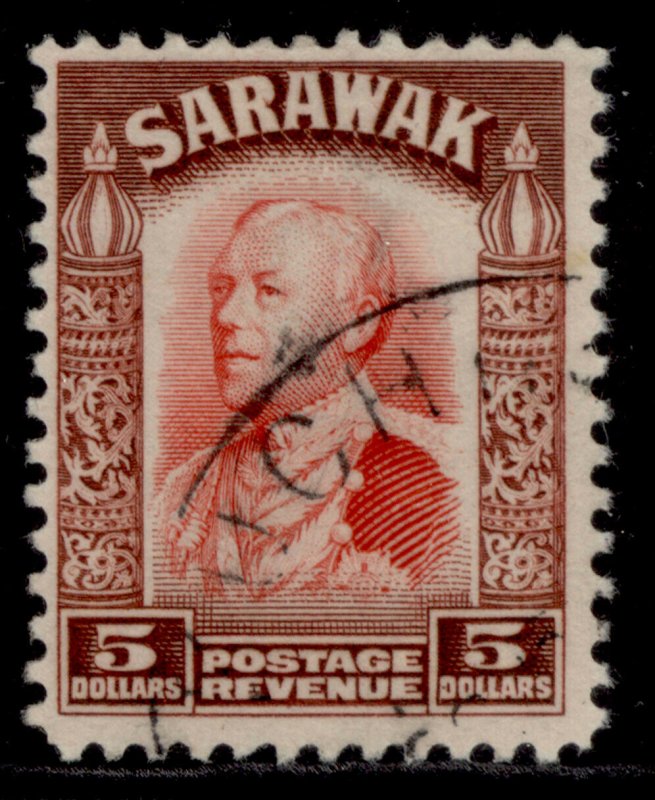 SARAWAK GV SG124, $5 scarlet & red-brown, FINE USED. Cat £85.