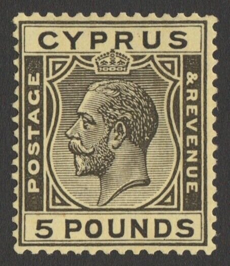 CYPRUS 1924 KGV £5 black on yellow. Key top value. with Certificate.