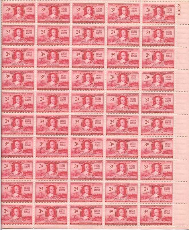 US Stamp - 1948 Volunteer Firemen - 50 Stamp Sheet - Scott #971