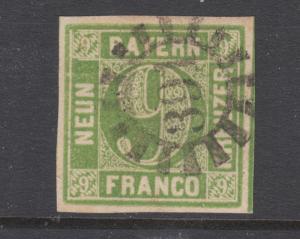 Bavaria Sc 6 used. 1850-58 9kr yellow green Numeral, 391 closed Millwheel cancel