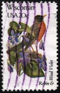 SC#2001 20¢ State Birds & Flowers: Wisconsin; Perf 10½ x 11¼ (1982) Used