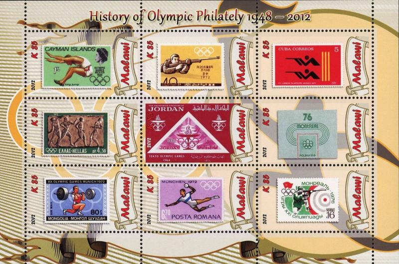 Malawi History of Olympic Philately Cayman Islands Montreal Souvenir Sheet of 9 