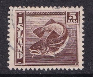Iceland    #219c   used    1939   codfish   5a  Perf.  14 x 13 1/2
