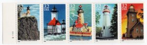 Scott #2973a Great Lakes Lighthouses Booklet Pane of 5 Stamps w/Tab - MNH