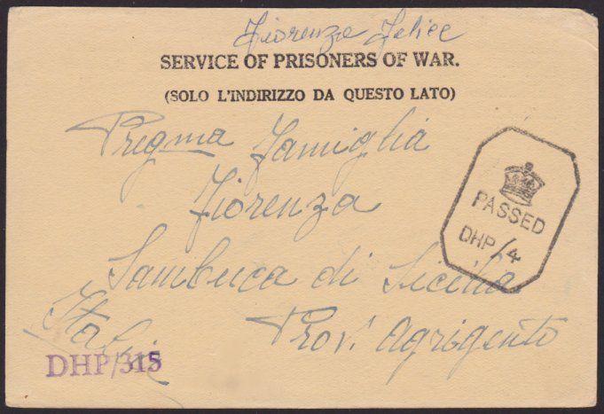 INDIA 1943 P.O.W. postcard to Italy ex Camp 26/5 Passed Censor..............6471