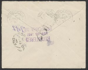 1897 Registered Cover #44 8c Small Queen Brockton Toronto to USA via Montreal