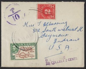 UK GB FIJI 1947 POSTAGE DUE SUVA T/10 & US POSTAGE TO COLLECT 2 CENTS TO SEYMOUR