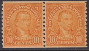 603 U.S 1924 James Monroe 10¢ vertical coil pair MVLH CV $8.00 Stock #5