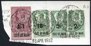 Isle of Man KGVI One Pound 10/-5/-and 2/- Key Plate Type Revenues CDS on Piece