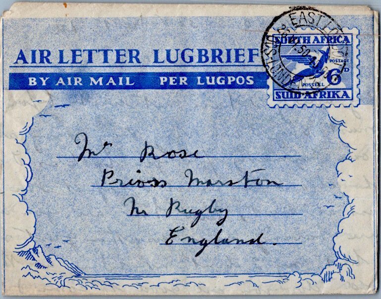 South Africa 6d Springbok Air Letter 1950 East London/Oos-London Airmail to P...