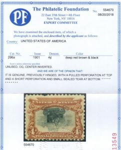 USA #296a Mint Fine Inverted Center **With Certificate**