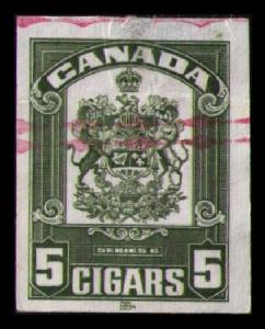 CANADA REVENUE TOBACCO TAX 1938 SERIE C 5 CIGARS (GREEN) IMPERF CAT #RG653