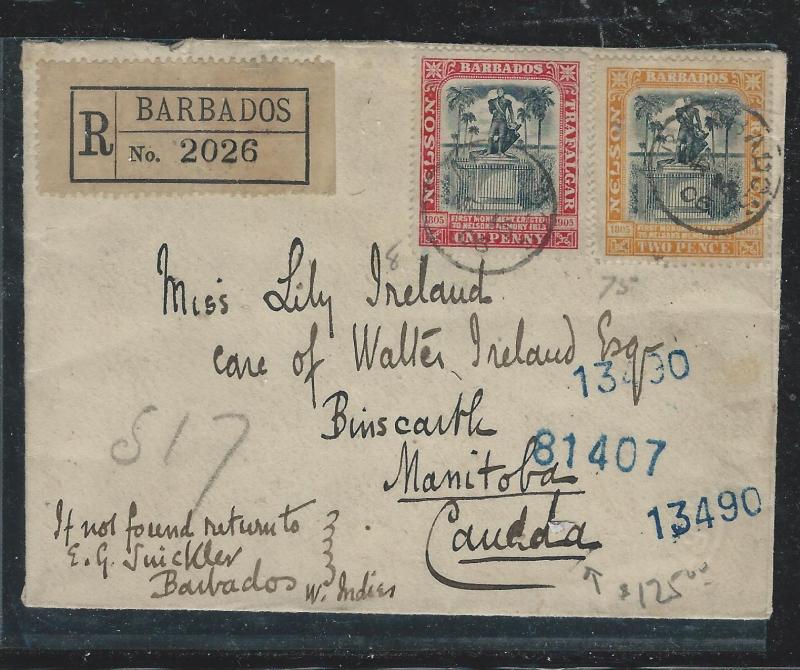 BARBADOS (PP2912B) 1906 NELSON 1D+2D REG TO CANADA