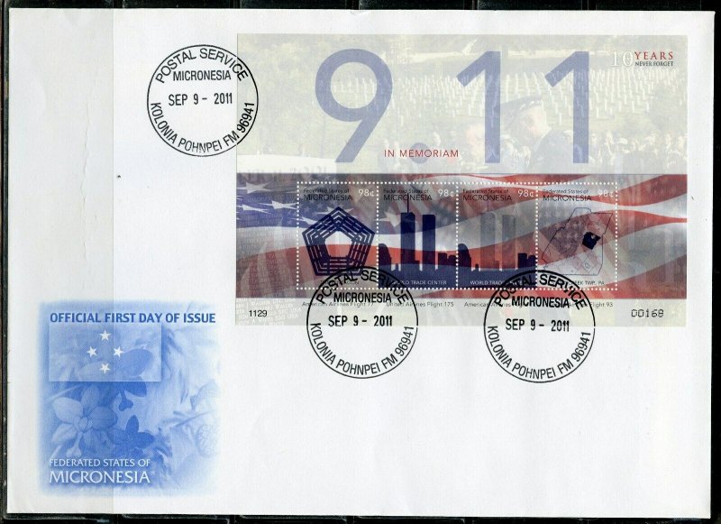 MICRONESIA 2011 10th ANNIVERSARY OF 9.11 SHEET FIRST DAY COVER 