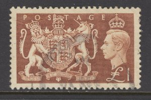 Great Britain Sc 289 used 1951 £1 light red brown Royal Arms, top value to set