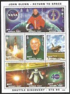 MONGOLIA - 1998 - John Glenn, Return to Space - Perf 9v Sheet -Mint Never Hinged