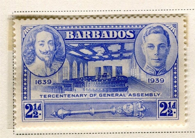 BARBADOS; 1939 early GVI Tercentenary issue Mint hinged 2.5d. value