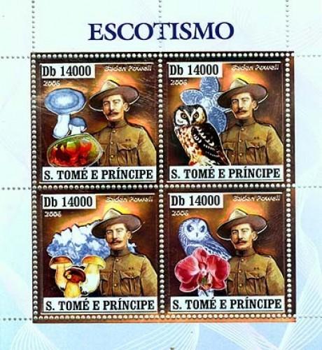 SAO TOME E PRINCIPE 2006 SHEET SCOUTS BADEN POWELL MUSHROOMS OWLS SILVER st6406a