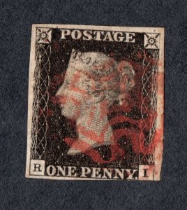 Penny Black,  Queen Victoria QV 1840, SG2, R and I , (See photos).