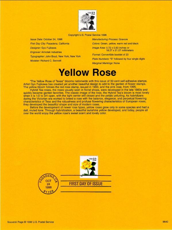 US SP1188 Yellow Rose 3049 Souvenir Page FDC