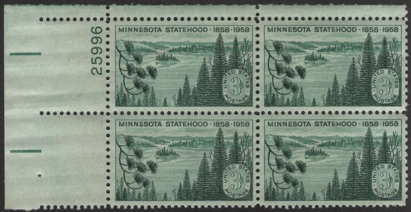 SC#1106 3¢ Minnesota Statehood Issue Plate Block: UL #25996 (1958) MNH*