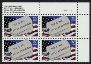 #2966 32c POW & MIA, Plate Block [P11111 UR] Mint **ANY 5=FREE SHIPPING**