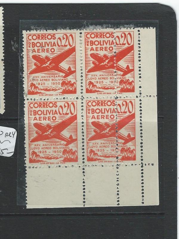 BOLIVIA (P0606B) A/M  SCC130  BL OF 4 RT STAMPS EXTRA ROW OF PERFORATIONS MNH