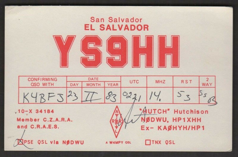 QSL CARD Hutch,Hutchison,YS9HH,83,San Salvador,El Savador(Q4509)
