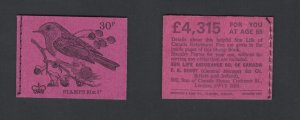 GB #DQ60  October 1971 30p British Birds Machin booklet  CV £3.75