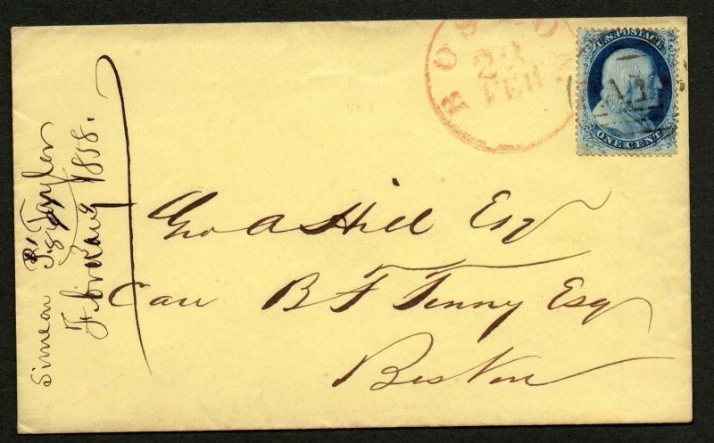 US Scott #22 On Cover Boston MA Feb 23, 1858 Black Circle & Red CDS With CERT