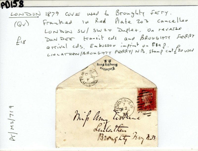 GB Cover London *SW/24* Duplex Scotland Broughty Ferry CDS 1d Red 1879 PD158