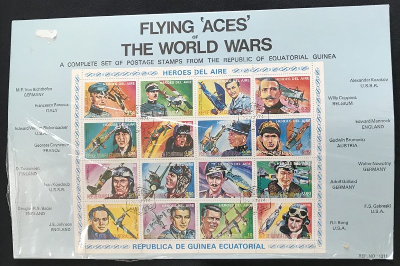 Rep. De Guinea Equatorial Flying Aces Sheet of 16 Used on Cardboard 1974 L35