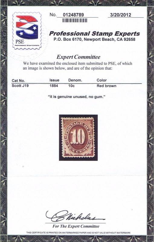 SCOTT# J19 UNUSED 10 CENT NO GUM POSTAGE DUE STAMP, 1884, PSE CERT.   