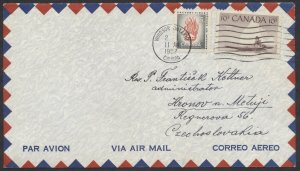 1957 Air Mail Cover, Windsor Ont to Czechoslovakia, 15c Commemorative Franking