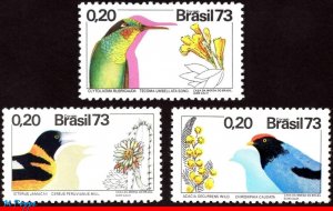 1284-86 BRAZIL 1973 BIRDS, HUMMINGBIRD, FLOWERS, FAUNA E FLORA, MI# 1368-70, MNH