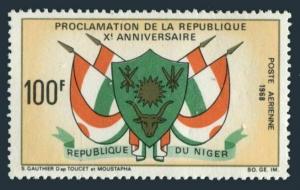 Niger C99,MNH.Michel 205. Pepublic,10th Ann.1968.Arms and Flags of Niger.