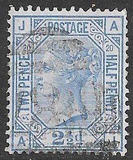 GREAT BRITAIN USED IN TURKEY 1880 2 1/2d QV PLATE 20 Sc 68 w SMYRNA F87 Cxl