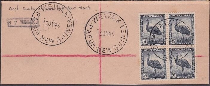 PAPUA NEW GUINEA 1946 piece Australia 5½d block WEWAK cds first day of use.A8016