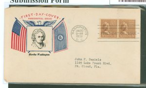 US 841 1939 1.5c Martha Washington (presidential/prexy series) coil line pair on an addressed first day cover with a Fidelity ca